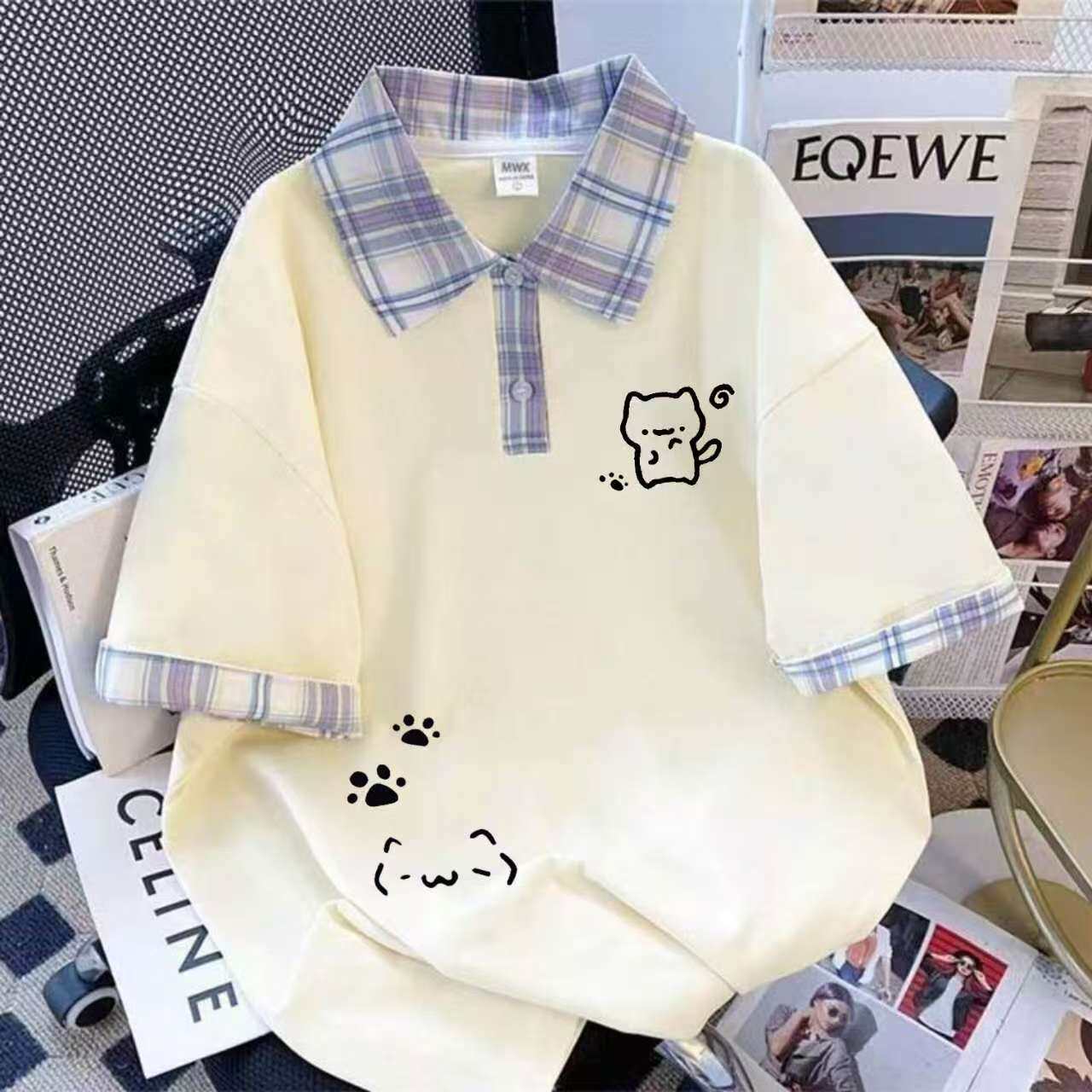 女の子用ポロシャツ 半袖 2026年夏新作 子供用漫画猫プリントTシャツ 純綿トップス