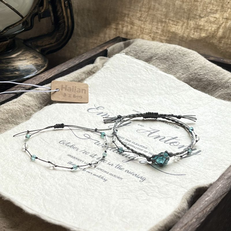 Haiian Original｜High-Quality Blue Apatite Crystal Raw Stone Bracelet, High-End Double-Layer Versatile Trendy Bracelet