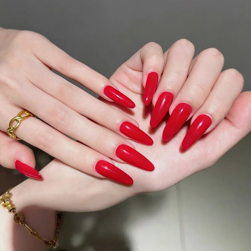 New Year's Red Handmade Long Nail Art Solid Color Brightening High-End Sexy Pure Desire Style Nail Stickers