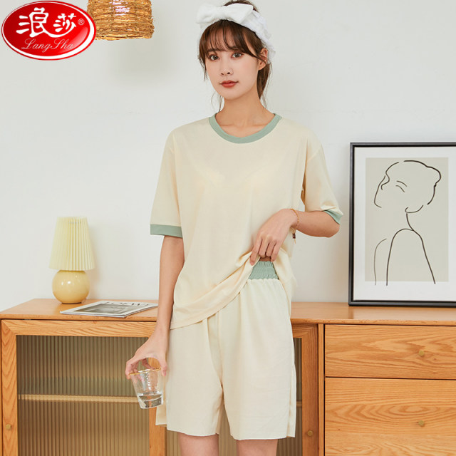 F Langsha ice silk pajamas 2024 ໂສ້ງຂາສັ້ນ 2024 ໃໝ່ ຊຸດກະໂປ່ງຊຸດກະໂປ່ງສະບາຍແລະສະດວກສະບາຍໃນເຮືອນ