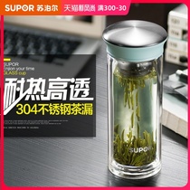 Supor double-layer glass teacup with lid filter transparent household portable water cup Female male student cup