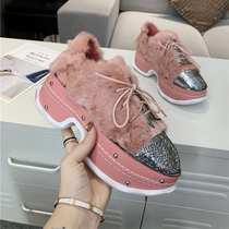 European Station SW Women Shoes 2022 Autumn Winter New Water Mink Fur Genuine Leather Thick Bottom Pine Pastry Daddy Shoes Women Pink Casual Shoes