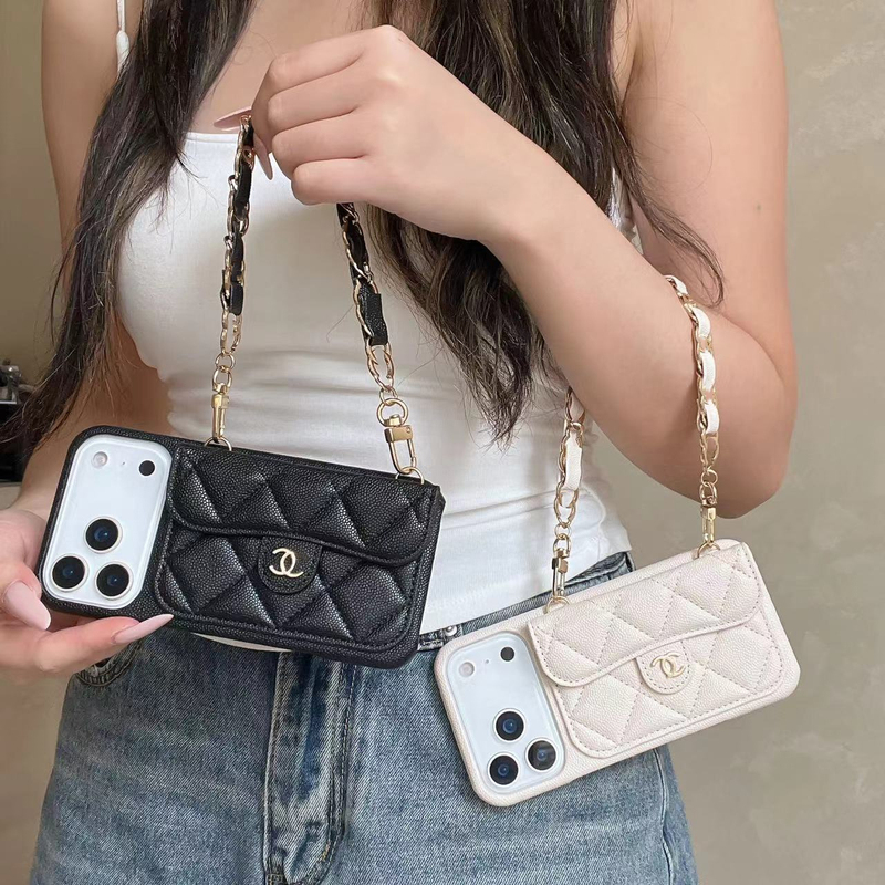Chanel-Style Apple 17 Pro Max Phone Case Suitable for iPhone 16 Pro with Hand Strap, 15 Plus Card Holder, 12 Protective Case, 17 Air High-End Feel, iPhone 13 Anti-Drop, 14 Pro Max Shell for Women