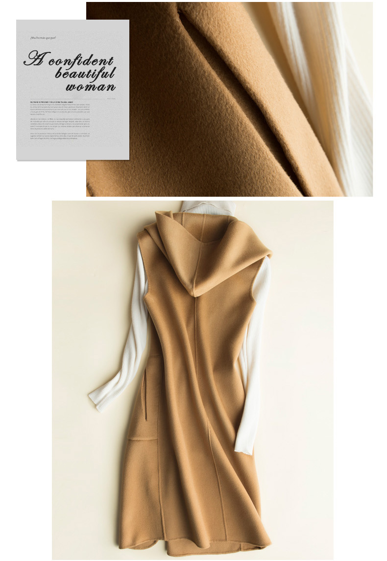 18 năm mùa đông dài cashmere hai mặt áo len tinh khiết áo vest nữ vest với mũ cổ chữ V thời trang áo khoác nữ kaki