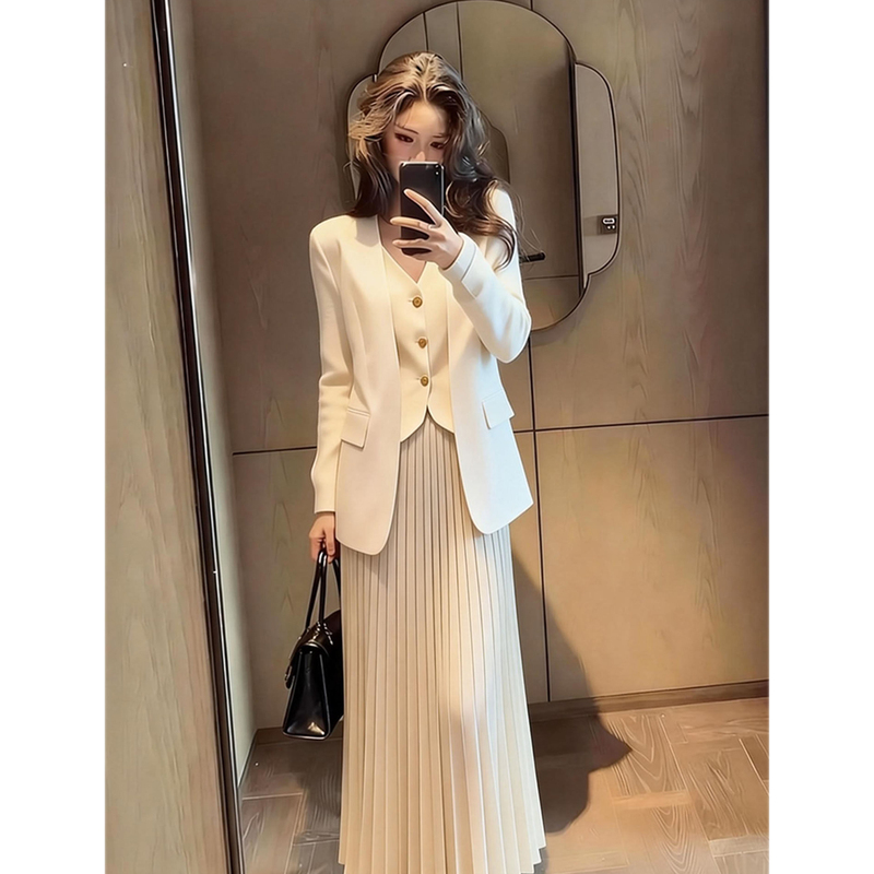 Light and Sophisticated Minimalist Fashion Suit for Women, 2026 Spring Slim-Fit Elegant Light-Colored Jacket with Inner Skirt Three-Piece Set