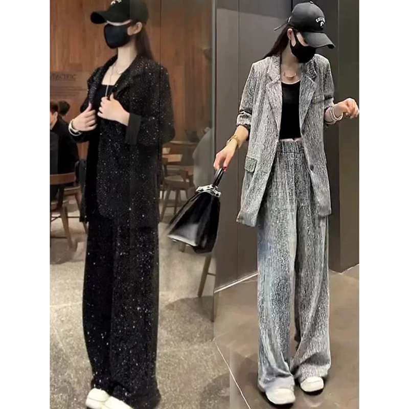 2026 Autumn New Suit Set: Stylish and Versatile Rhinestone Blazer with High-Waisted Slimming Pants Two-Piece Set