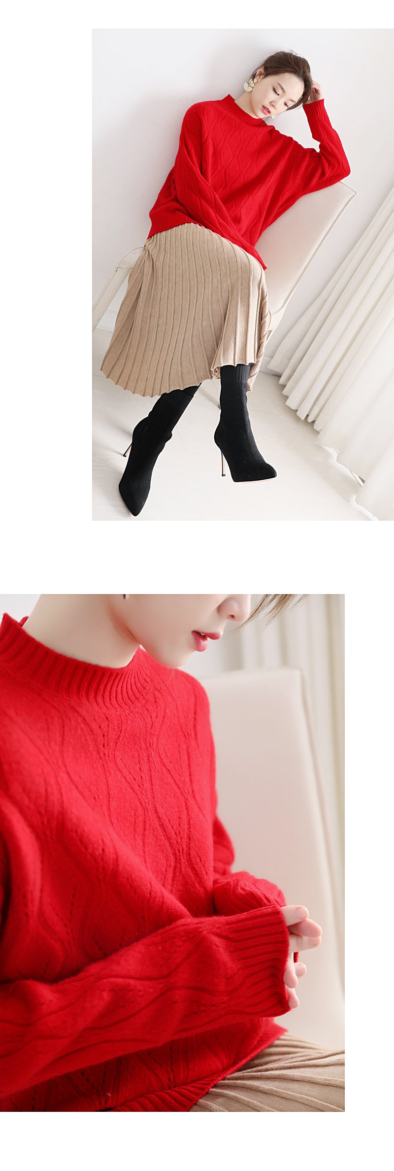 Vẻ đẹp cho xương thanh lịch và bền bỉ tìm kiếm cổ áo cao gợn sóng đầy đủ len nhỏ tay áo len nhỏ mùa đông áo len đẹp