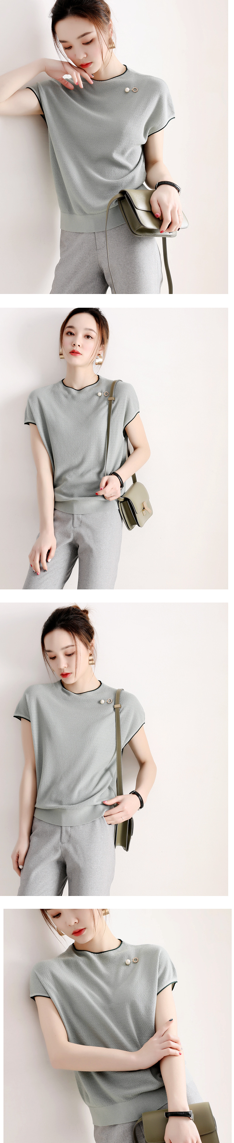 Thiết kế gọn gàng tay áo một tay Thiết kế vòng cổ ngọc trai nhỏ cổ tròn chấm bi Tencel đan hàng đầu - Trâm cài ghim cài áo