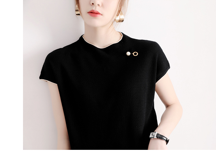 Thiết kế gọn gàng tay áo một tay Thiết kế vòng cổ ngọc trai nhỏ cổ tròn chấm bi Tencel đan hàng đầu - Trâm cài ghim cài áo