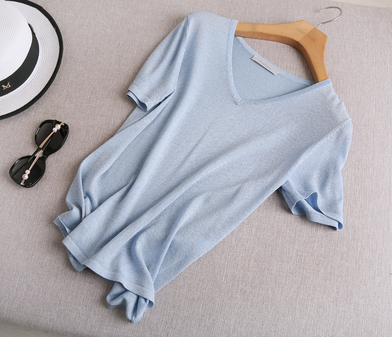 Micro-flash yếu tố giá trị cao gió đơn giản V-Cổ nhúng lụa sáng bóng thoải mái Tencel ngắn tay áo len áo sơ mi áo cardigan len