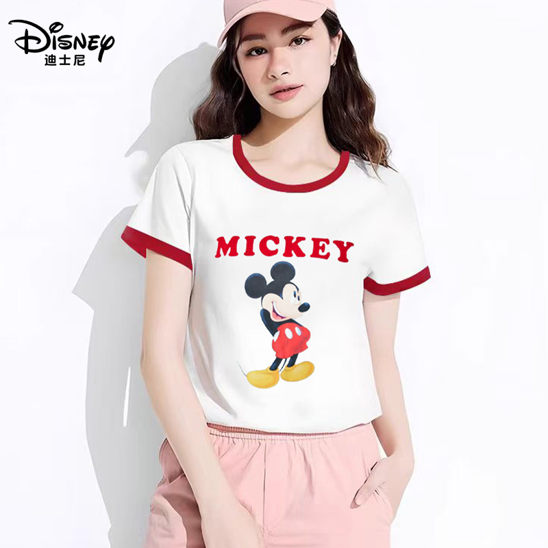 Disney Contrast Color Slim Cotton Mickey Short Sleeve T-Shirt Women's 2025 Summer New Slim Easiest for Match Casual T-Shirt