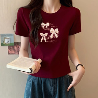 Burgundy Short Round Neck Style Short-Sleeved T-Shirt for Women European Station 2025 Summer New Slim Zodiac Year T-Shirt