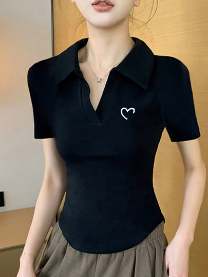 Black Slim-Fit Short Polo Collar Pure Cotton Short-Sleeve T-Shirt for Women, European Style, 2025 Summer New V-Neck Unique Top