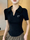 Black Slim-Fit Short Polo Collar Pure Cotton Short-Sleeve T-Shirt for Women, European Style, 2025 Summer New V-Neck Unique Top