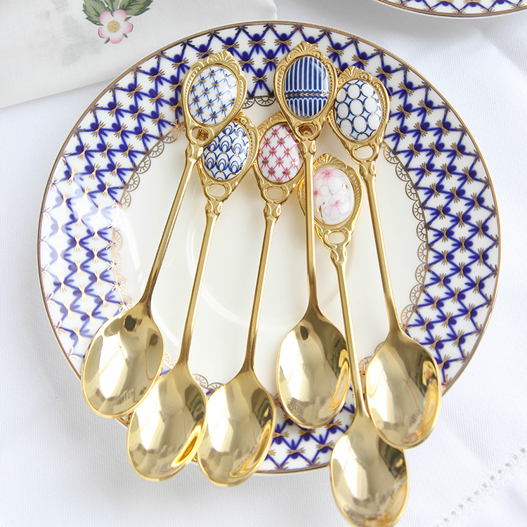English afternoon tea stirring coffee small spoon Bone China 304 stainless steel gold ceramic tea spoon creative cute