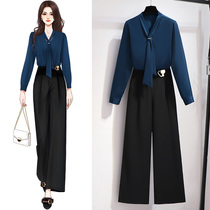 Early autumn light mature style temperament Imperial sister suit female 2021 fashion foreign style goddess style professional wear wide leg pants two-piece set