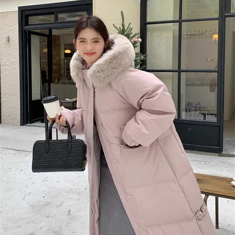2026 New Pink Socialite-Style Loose Slimming Hooded Champs Elysées down Jacket, Mid-Length Thickened Over-The-Knee Coat