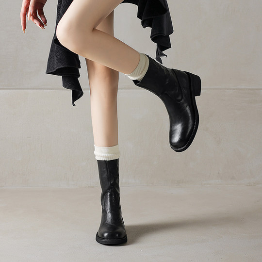 Original Washed Leather Super Soft Sole Retro Chunky Heel High Heel Short Boots for Women Early Autumn Genuine Leather Stylish Martin Boots