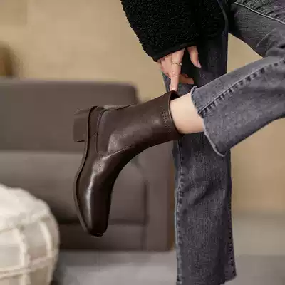 Xiaofuzi booties women's autumn and winter thick heel all-match elastic thin boots square head Martin boots leather brown Chelsea boots