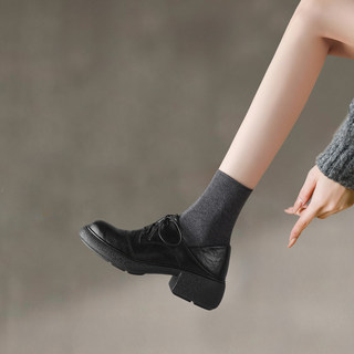 Original Soft Sheepskin British Style Thick-Soled Deep-Cut Women's Lace-Up Leather Shoes with Chunky Heels, Retro Loafers