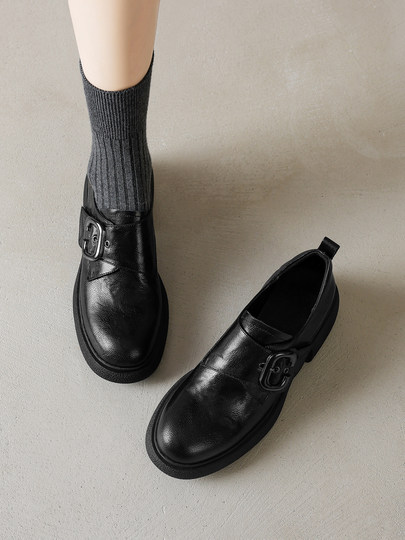 Original Design with a Super Comfortable Feel! Silent and Extremely Comfortable! Women's Retro Sheepskin Round-Toe Loafers with Chunky Heels, Versatile Leather Shoes