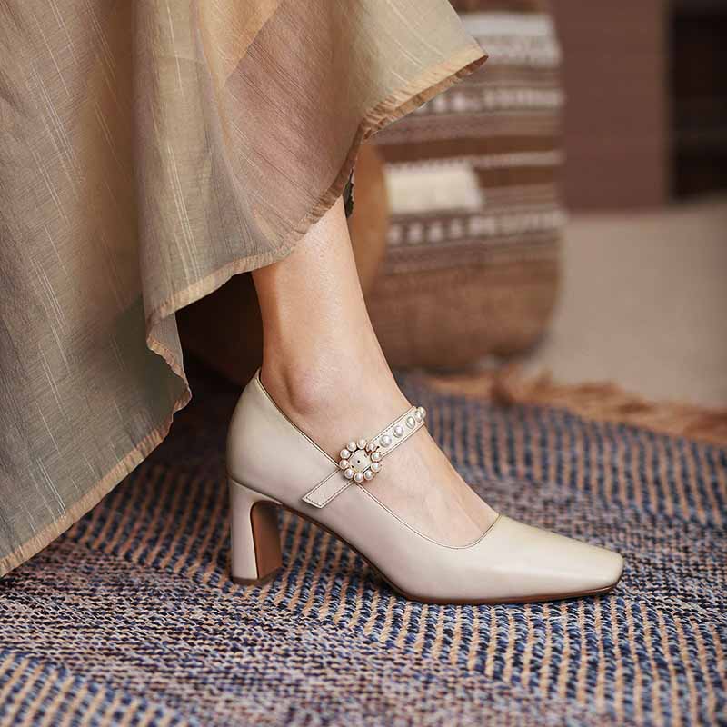 French vintage single shoes female thick heels and autumn square high heels real leather shoes button Mary jewel shoes