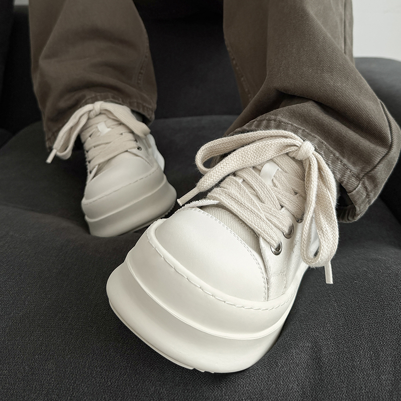 Faneshe/New White Canvas Shoes for Men, Thick Sole 8cm Hidden Height Increase, Chunky Sneakers for Couples, Big Toe Shoes