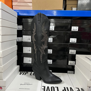 Foreign trade original export order broken code leakage fashion women's boots embroidered rhinestone pointed toe thick heel side zipper boots