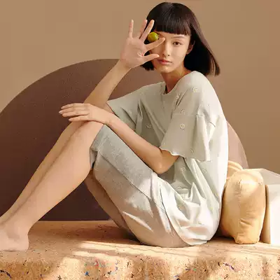 Three shots 2021 new water soft cotton cotton round neck short sleeve five-point pants Women's Home clothing set cotton thin pajamas