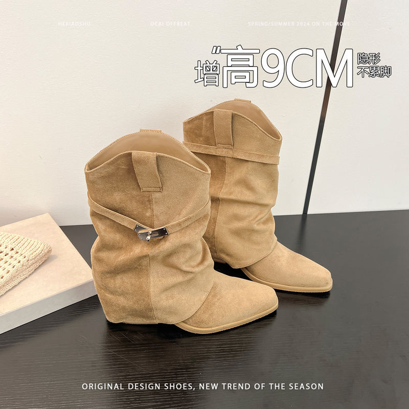Cowhide Version of Matte Genuine Leather Chunky Heel High Heel Pointed Toe Booties for Women, New Style with Hidden Height Increase, Martin Boots, Short Boots, Western Boots Cowhide Version of Matte Genuine Leather Chunky Heel High Heel Pointed Toe Booties for Women, New Style with Hidden Height Increase, Martin Boots, Short Boots, Western Boots
