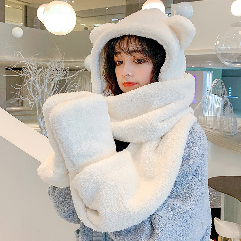 Northeast protective ear anti-cold female winter hat small Bear surround neck gloves with three suit scarves to warm and thickened plush