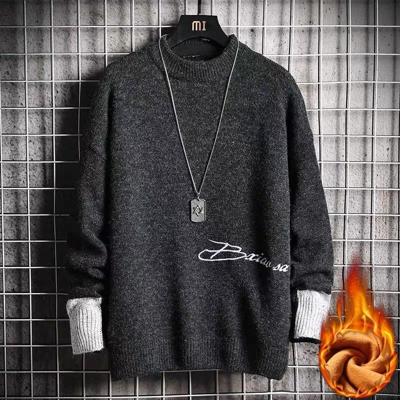 2020 winter new loose round neck Korean version long-sleeved knitted sweater bottoming plus velvet thick top clothes sweater men's clothing