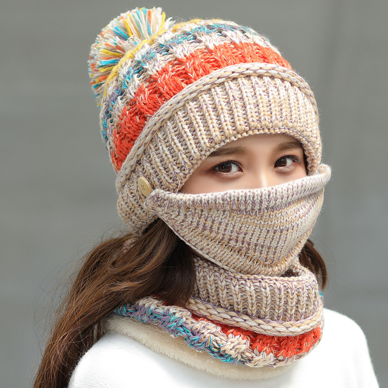 Northeast Harbin winter cold-proof warm ear protection hat scarf mask three-piece female wool knitted hat thickened