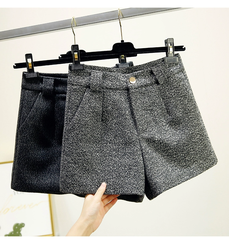 Quần short len ​​nữ mùa thu đông 2018 phiên bản mới của Hàn Quốc có cạp cao là quần ống rộng cạp cao hoang dã mặc quần ống rộng