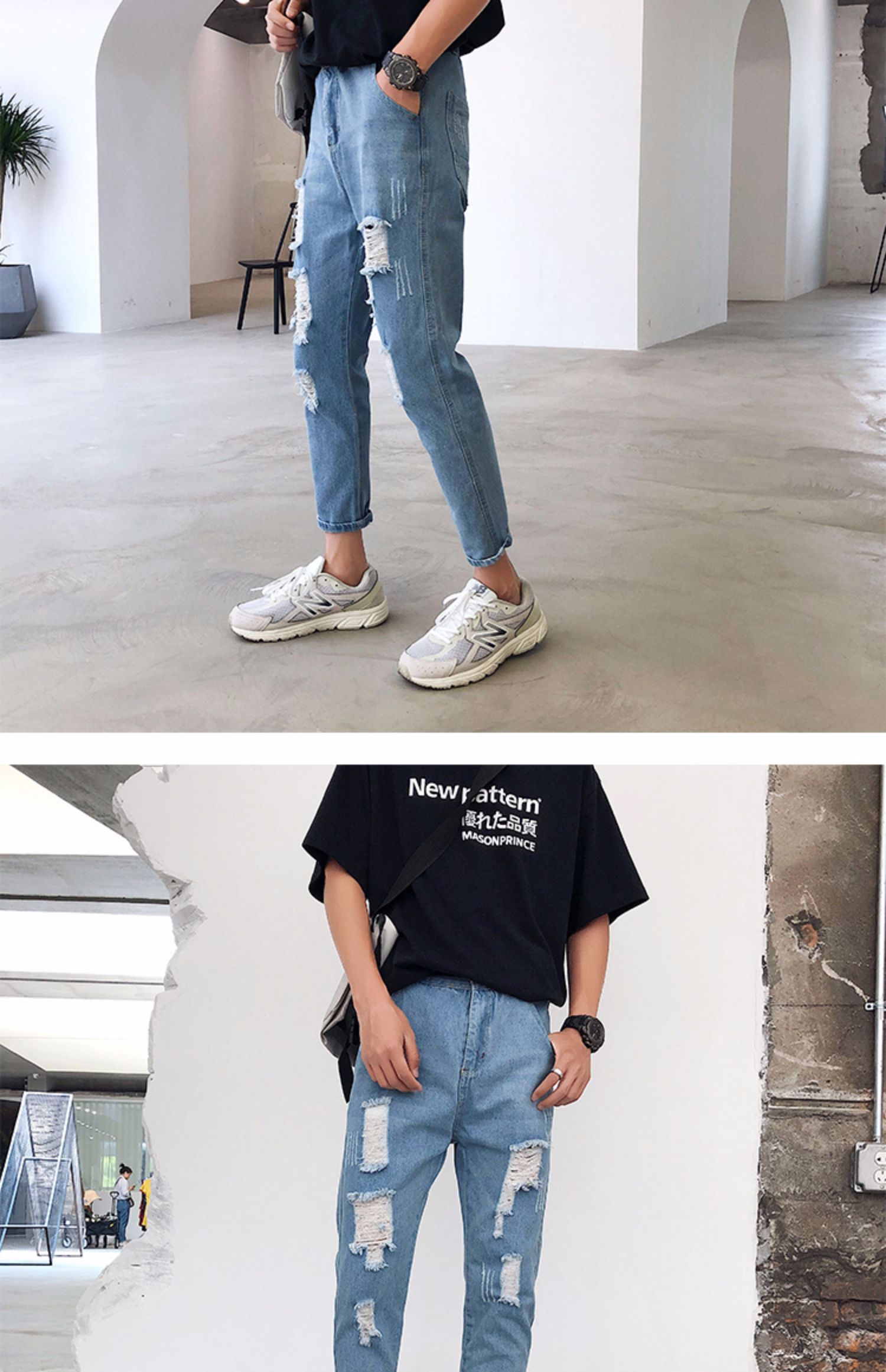 Mùa hè quần jeans nam 9 điểm lỗ nam phiên bản Hàn Quốc của xu hướng tự tu luyện 乞丐 quần thủy triều thương hiệu quần âu - Quần jean quần ống rộng nam