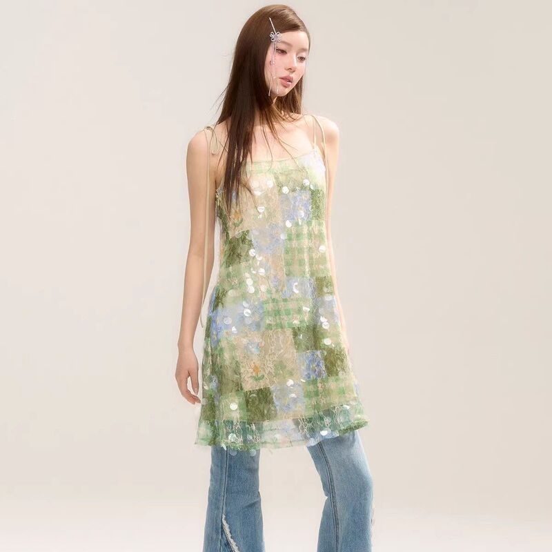 Midsummer Night's Dream Spring New Style Sequined Suspender Lace Resort A-Line Dress for Women Midsummer Night's Dream Spring New Style Sequined Suspender Lace Resort A-Line Dress for Women