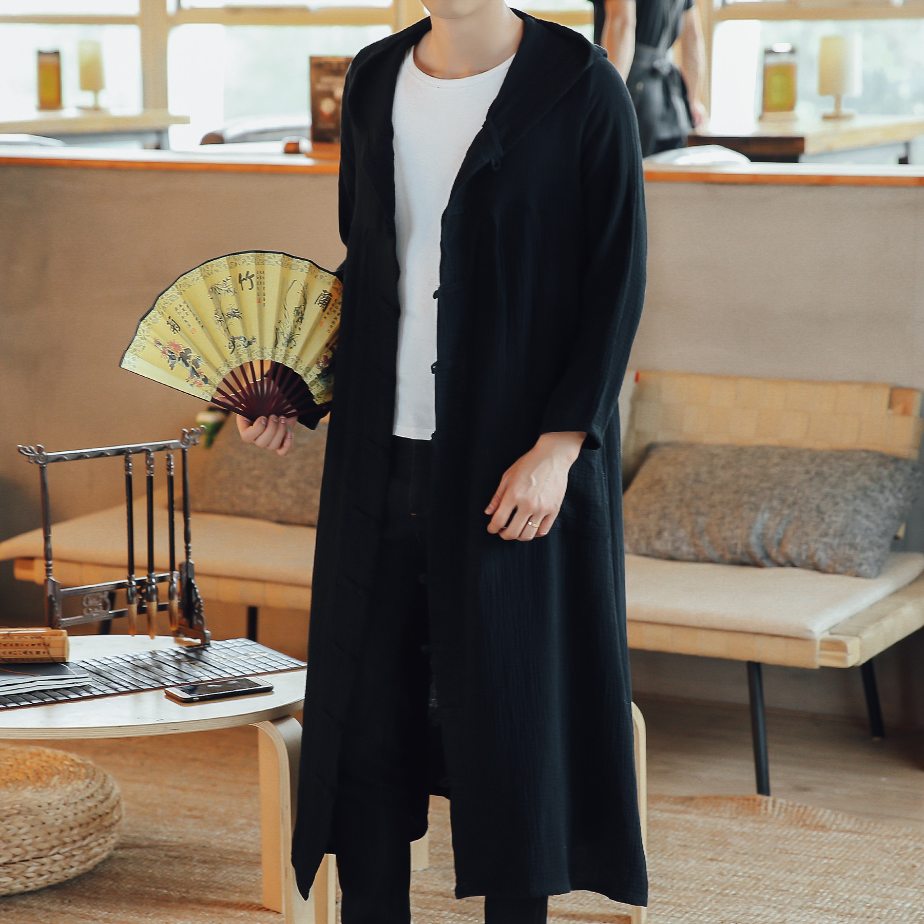 Autumn thin hooded mid-long version over-the-knee trench coat men's Chinese wind cloak cape extra long coat large size men's clothing