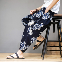 Summer ethnic Chinese wind bundle foot casual pants mens loose ankle-length pants plus fat plus size cotton hemp pants tide