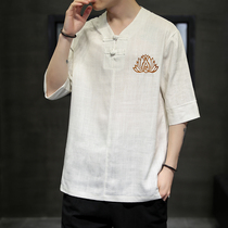 Linen short sleeve T-shirt men summer lotus embroidery Chinese style loose thin Chinese style retro Tang dress half sleeve