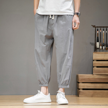 Chinese style linen mens pants summer casual loose 8 eight-cent pants big fat cotton linen nine-point Haren pants tide