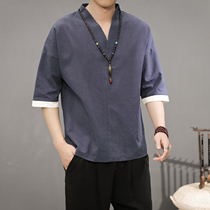 Mens short-sleeved T-shirt Chinese style retro Tang suit Hanfu ancient style V collar Half sleeve tea Zen clothing cotton and linen semi-sleeved clothes