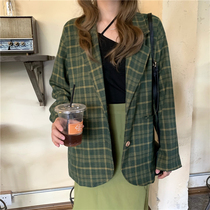 Net red goddess Korean version of the large size womens clothing fat mm200 pounds loose thin meat plaid long-sleeved suit jacket female