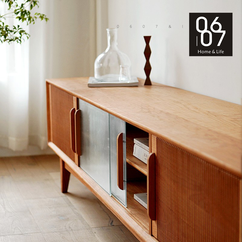 0607) Organ TV cabinet) Small family type minimalist retro Nordic cherry solid wood log containing glass TV cabinet