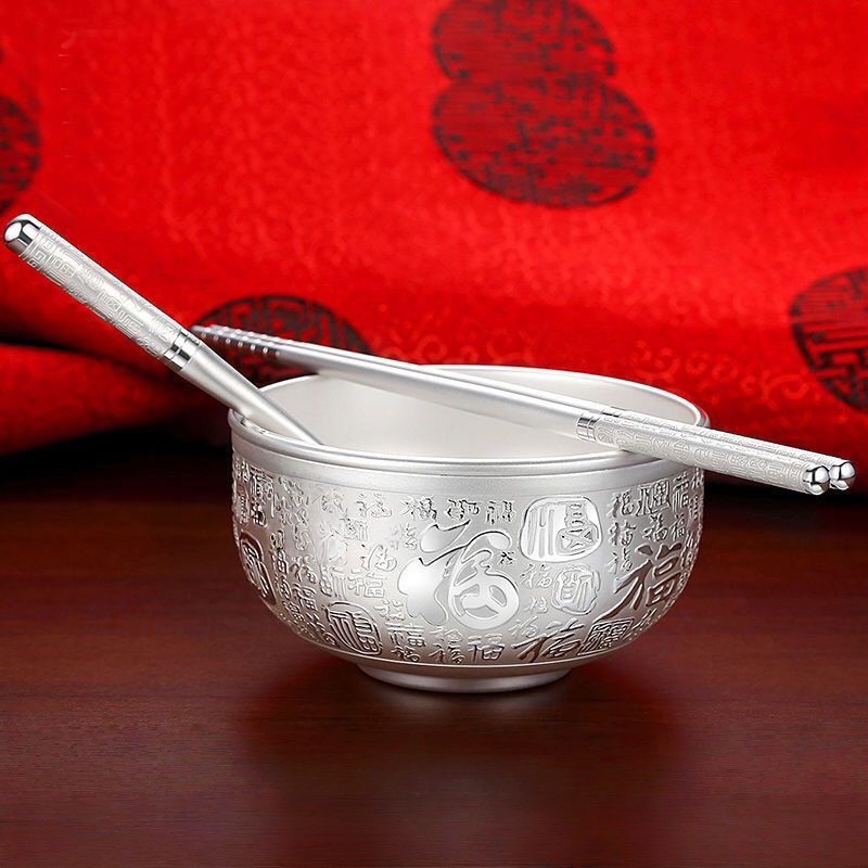 Limited Edition Flash Sale: Silver-Plated Silver-Colored Baifu Bowl, Household Chopsticks and Spoon Three-Piece Set, Silver-Colored Tableware Solid Ornament Set