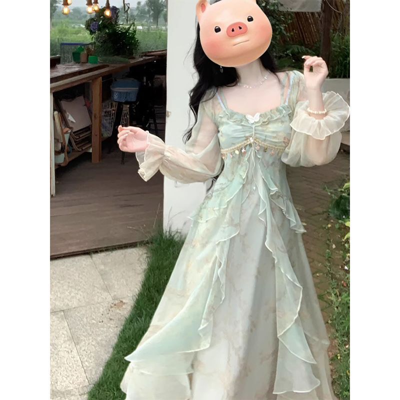 French-Style Dreamy Ruffled Dress for Women 2026 Summer New Seaside Vacation Long-Sleeved Off-Shoulder Long Dress