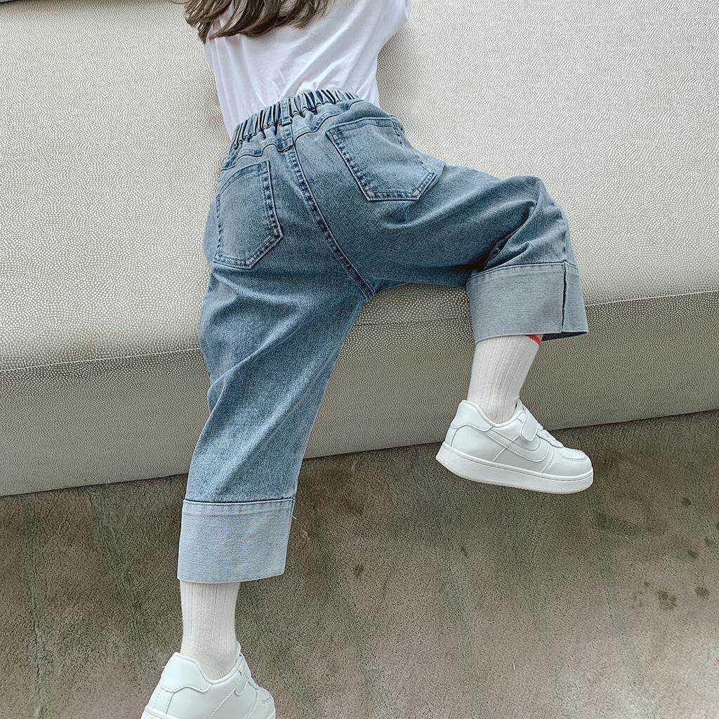 Girls' jeans 2021 spring and autumn new style for little girls Korean version loose straight-through pants for girls baby elastic casual pants