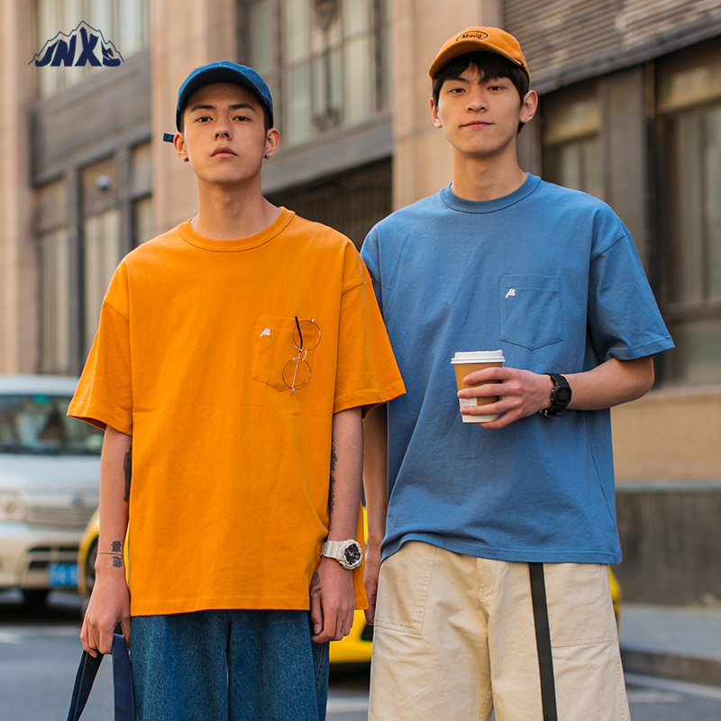 Mr Jiangnan summer clothes Japanese pocket letter embroidery Tide men short-sleeved T-shirt half sleeve loose couple half sleeve tee