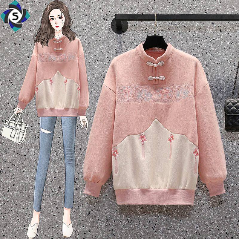 National Wind Fashion Thick T-shirt Woman Autumn Winter New Embroidery Sleeve Head Improved Version Fat Mm Loose CVC Bicolor Mill Fur Coat