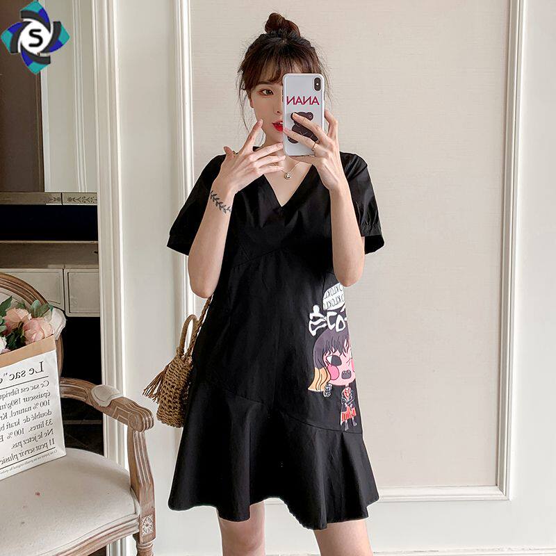 Hepburn style small black skirt large size thin women's summer V-neck sticker fishtail short skirt loose playful age reduction dress