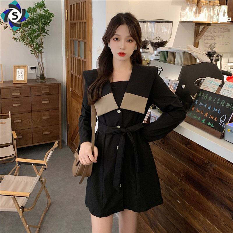 Herbenwind small black dress with large size and thin female autumn navy collar lacing to collect waist temperament and long sleeve small crowdsourced foreign dress